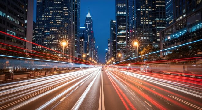 Energetic Urban Cityscape at Night with Speeding Traffic Light Trails and Modern Skyscrapers