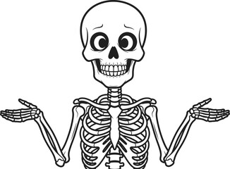 Skeleton cartoon character shrugging with arms out illustration