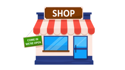 Charming cartoon illustration of a small shop with a striped awning and a open sign in a vibrant friendly style