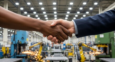 A handshake between two people of different races in a factory setting with welding robots and heavy machinery in the background