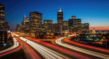 Obraz premium Dynamic Metropolitan Cityscape with Streaking Vehicle Light Trails at Dusk