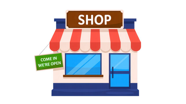 Charming cartoon illustration of a small shop with a striped awning and a open sign in a vibrant friendly style