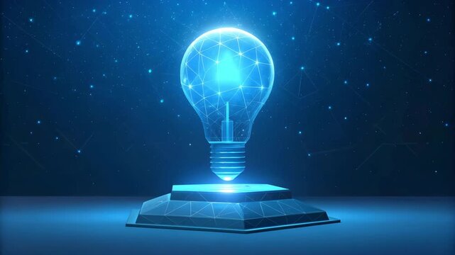 Glowing blue digital light bulb on a polygonal platform against a starry night sky background idea innovation