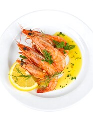 Plated shrimp dish with lemon