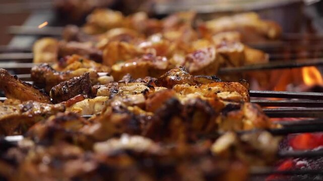 Closeup shot of cooking chicken tikka. Delicious Smoked chicken.