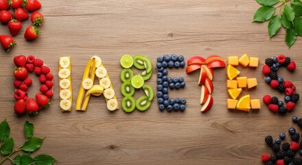 DIABETES spelt out with fruitsstrawberryraspberrybananakiwilimeblueberryappleorangecantaloupeblackberry on wood background with scattered berries green leaves