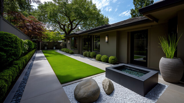 Beautiful modern garden design with water feature and greenery