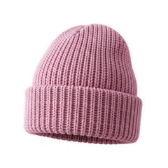 Pink knitted beanie on white background