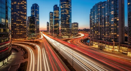 Dynamic Metropolis Skyline at Twilight with Streaking Freeway Light Trails
