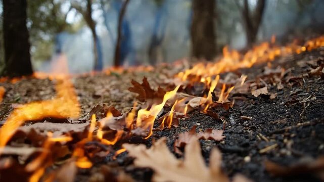 Controlled burn fire with dry leaf flames on forest floor in natural woodland during autumn, warm orange light and warm atmosphere on forest ground