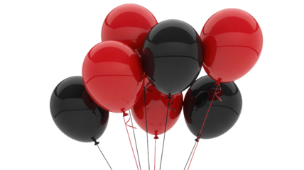 A cluster of red and black oval shaped balloons floating against a stark black background