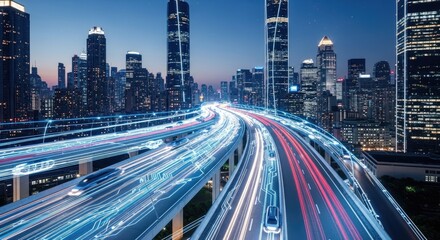 Fototapeta premium Smart City Highway with Glowing Digital Data Trails and Modern Urban Skyscrapers at Dusk