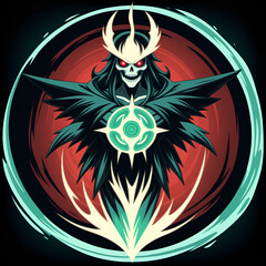 Fearsome skeletal warrior with glowing red eyes and a mystical orb, depicted in a stylized, graphic art style with a dark fantasy theme.