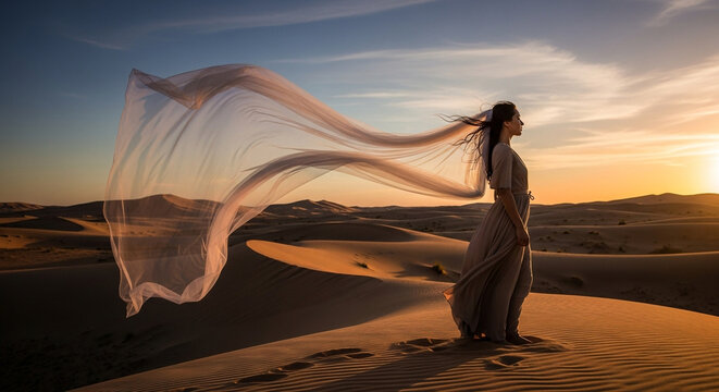 A woman in a flowing dress and veil stands gracefully on a sand dune in the desert at sunset, capturing a sense of freedom, beauty, and serenity