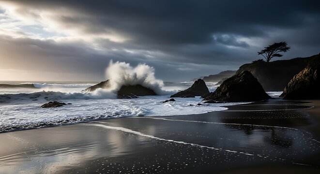 Coastal Waves Crashing on Rocky Shore. - Powered by Adobe
