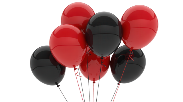 A cluster of red and black oval shaped balloons floating against a stark black background