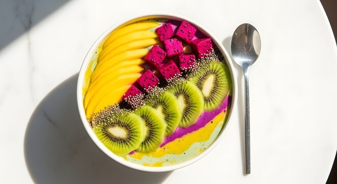 Tropical vegan smoothie bowl flat lay with fresh fruits
