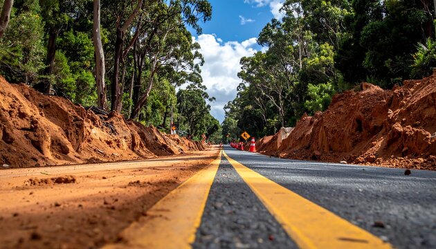 Road under construction, flanked by earthen berms, leading through trees