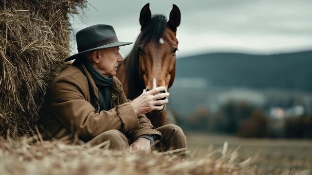 Elderly man wearing hat and brown coat sitting near haystack gently touching horse peaceful rural countryside with calm animal and thoughtful