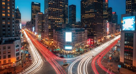 Dynamic Downtown City Nightscape with Trailing Car Lights and Illuminated Skyscrapers