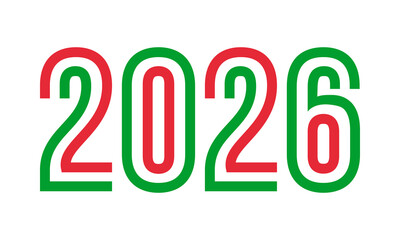 2026 new year poster, green red outline numbers on white background