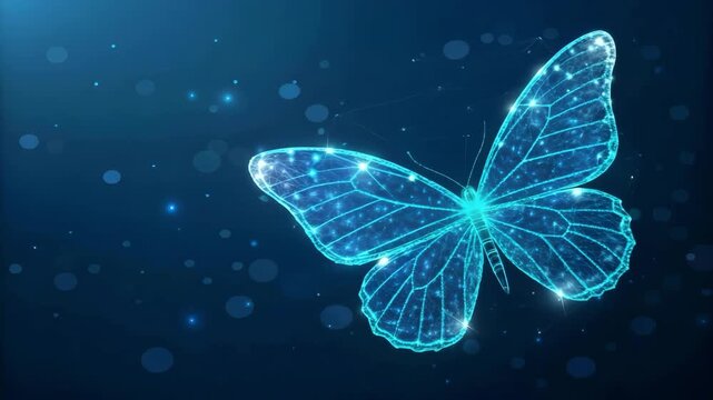 Luminous blue digital wireframe butterfly with glowing particles on a dark cosmic background insect animal