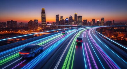 Dynamic Light Trails on Smart City Highway at Dusk Representing High-Speed Data and Future Connectivity