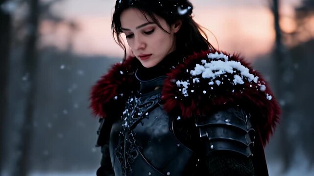 A beautiful female warrior in dark armor with fur standing thoughtfully in a cold, snowy winter forest.