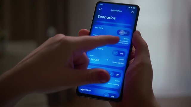 Automate daily routines in a phone app: timed scenes for lights, blinds, music