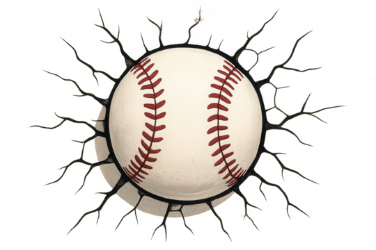Baseball ball violently breaking through a surface, creating a crack pattern around the impact. Transparent background