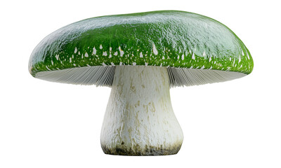 A glossy green-capped mushroom with white gills and a stout textured stem.