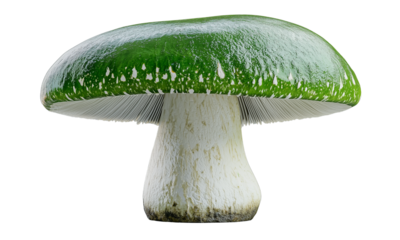 A glossy green-capped mushroom with white gills and a stout textured stem.