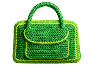  3D Render of Green Crochet Handbag with Lime Highlights Transparent Background.