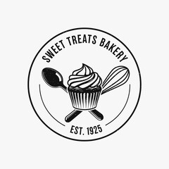 Vintage Bakery Logo with Cupcake Spoon and Whisk.