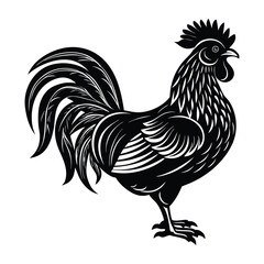Majestic black rooster illustration in profile view, featuring bold lines and intricate feather patterns isolated on white