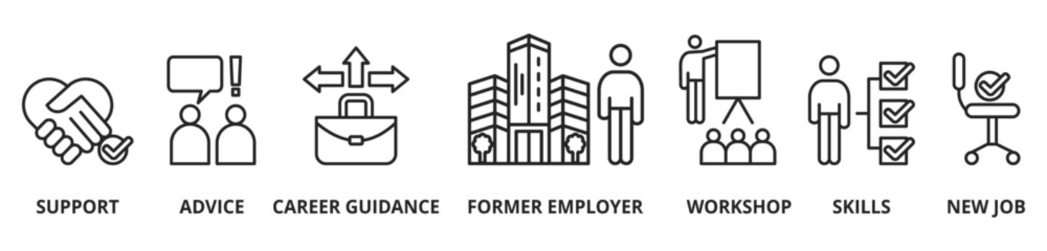 Banner outplacement vector illustration concept. advice, career guidance, training, ormer employee skills, workshop support and jew job icons
