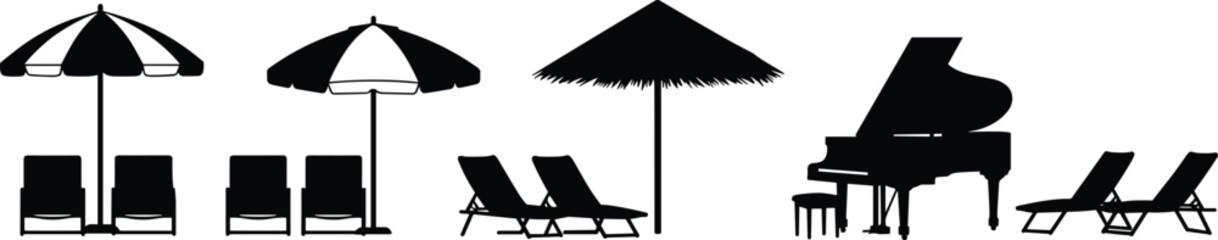 Silhouette of beach umbrellas, lounge chairs, and grand piano under palm hut, symbolizing tropical vacation, summer relaxation, and coastal music inspiration © Sakib World