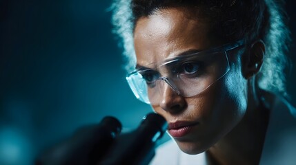 Close up of a female scientist intensely focused while using a microscope in a research lab