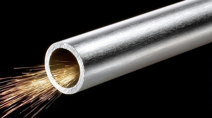 Realistic photo of an angle grinder cutting a steel pipe with bright sparks flying in an industrial workshop setting, sharp detail high resolution.