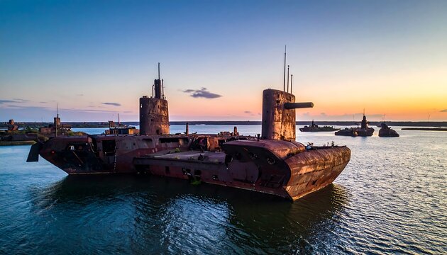 Abandoned rusting submarines in a harbor at sunset