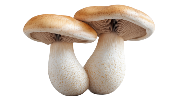 Pair of king oyster mushrooms with thick, bulbous stems and tan convex caps revealing delicate gills.