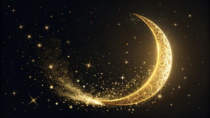 Golden crescent moon with swirling stardust and twinkling stars against a dark night sky