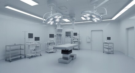 A modern, sterile operating room is depicted with specialized medical equipment, including overhead surgical lights, patient monitoring systems, and an examination table.