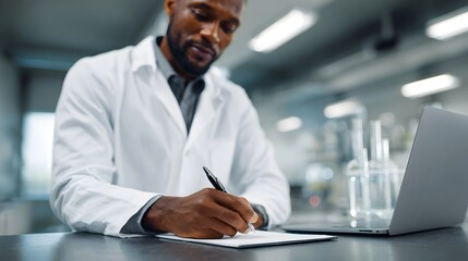 A scientist in a lab coat writes notes beside a laptop in a bright modern laboratory setting