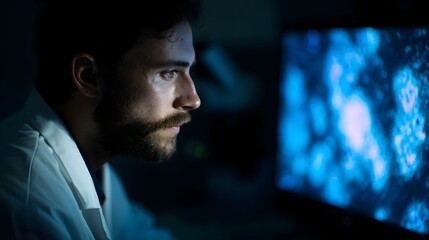 Scientist intently analyzes microscopic biological data on a glowing digital screen in a dark laboratory setting