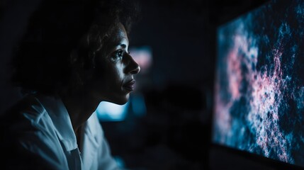 Scientist in lab coat analyzes complex cosmic data on illuminated screen