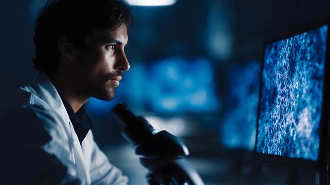 A scientist in a dimly lit laboratory examines a microscopic image on a computer screen while using a microscope