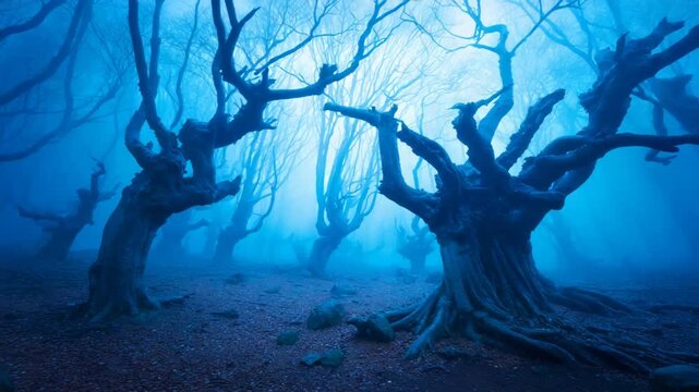 Mystical Blue Forest at Night with Eerie Twisted Trees and Fog.