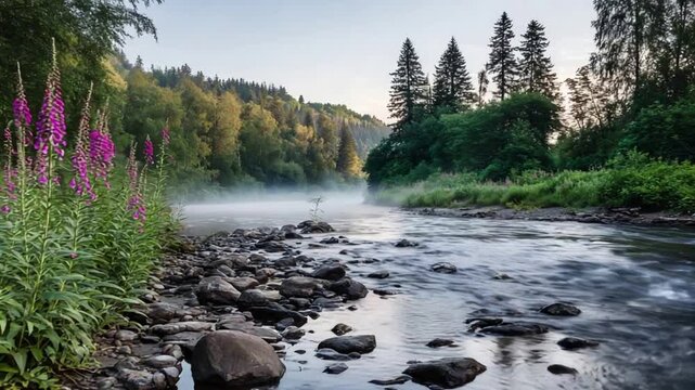 Serene Misty River Flowing Through Lush Green Forest with Purple Foxgloves.