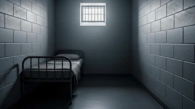 Gloomy Prison Cell Interior with Cold Cement Walls and Small Window, Minimal Bed